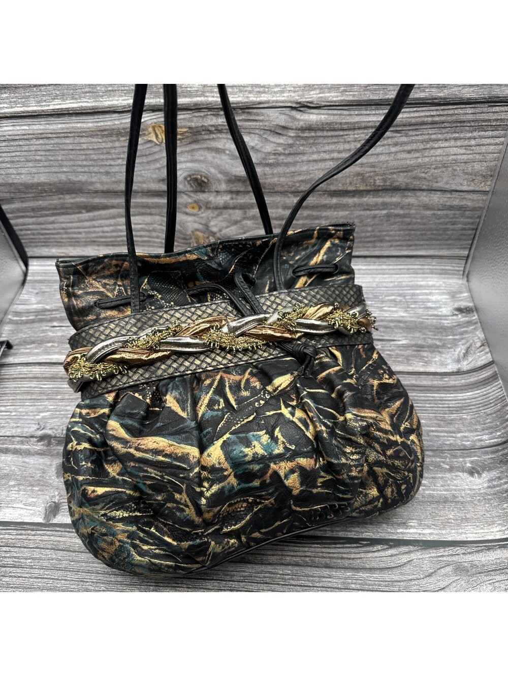 Vintage Sharif Purse Made In USA Drawstring Shoulder Gold Silver 80’s Mob Wife